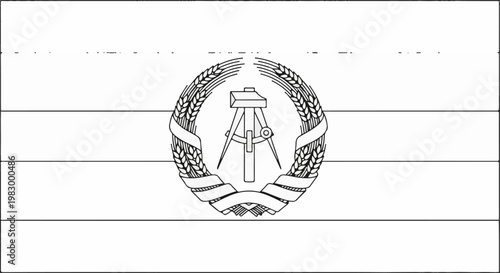 Stylized emblem with hammer, compass, and wheat wreath on striped background