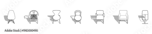 Top View Modern Designer Chairs Vector Set, Overhead Perspective Minimalist Furniture Outlines with White Fill for Interior Floor Plans and Architectural Drafting