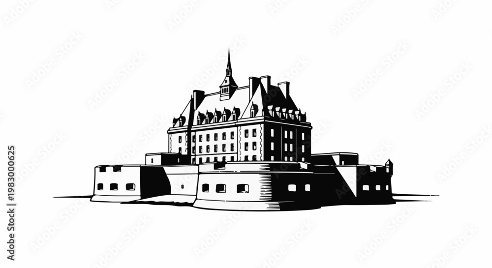 Naklejka premium A stylized black and white illustration of a grand, historic castle-like building