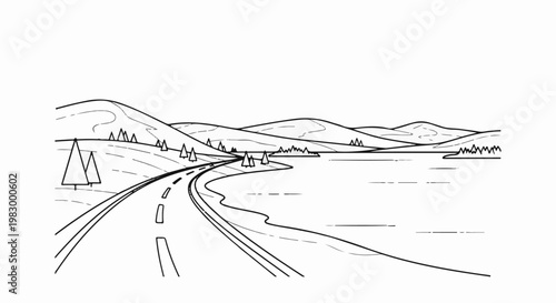 A winding road leads towards a serene lake bordered by rolling hills and scattered trees