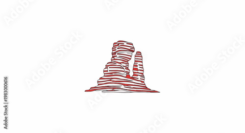 Stylized rock formation with layered stripes of red and white