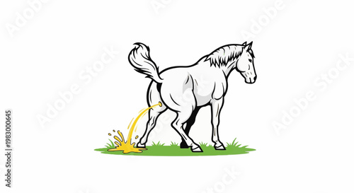 Stylized white horse urinating yellow liquid onto green grass