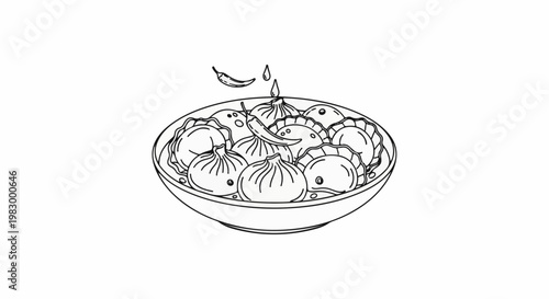 A steaming bowl of dumplings filled with chili peppers and herbs, ready to serve