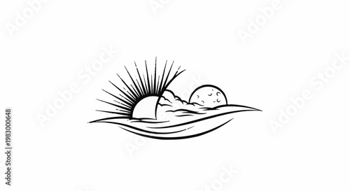 Stylized sunrise and moon over undulating water with rays