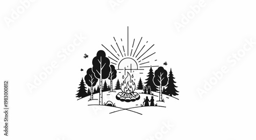 A minimalist campfire scene with trees, sun, and two figures