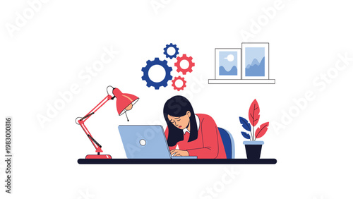 Stressed businesswoman working at a laptop with a red desk lamp and gears showing heavy workload and mental pressure.