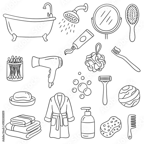 Hand drawn bathroom and personal care icons set, hygiene doodle elements collection