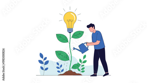 Dedicated person watering a growing green plant that has a bright glowing lightbulb instead of a flower for creative ideas.