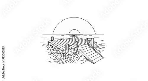 Wooden pier at sunset, with a ramp leading onto it over wavy water