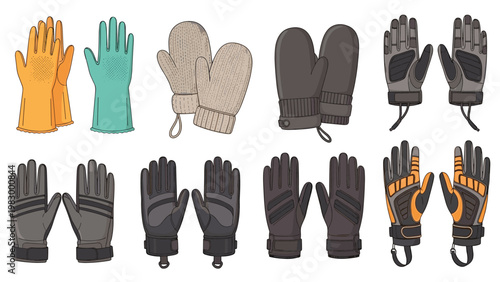Diverse assortment of professional and casual gloves including winter mittens, leather work gloves, and colorful rubber gloves.