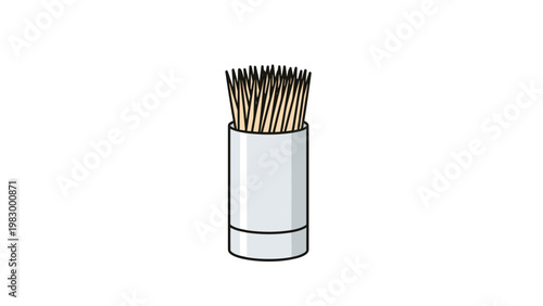Simple silver cylindrical container filled with many wooden toothpicks isolated on a white background.