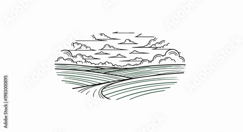 Stylized rolling green fields under a cloudy sky with a winding path