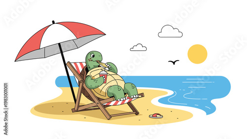Relaxed cartoon turtle wearing a yellow shell sitting on a beach chair under a red and white umbrella while enjoying a drink and snacks.