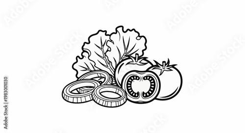 Two tomatoes, lettuce and onion rings, black and white drawing