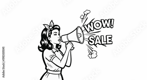 Woman in retro style announcing with a megaphone a fantastic sale