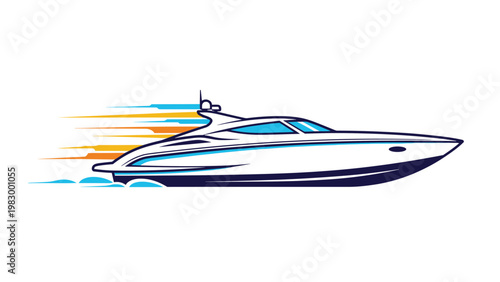Sleek white luxury powerboat moving quickly through the water leaving a trail of colorful speed lines behind it.