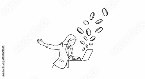 Woman working on laptop as coins fly out