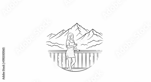 Woman on balcony enjoying coffee with mountain view