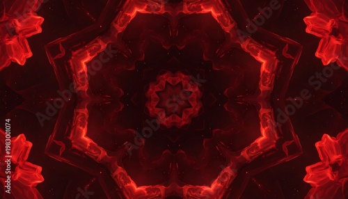 A red and black symmetrical kaleidoscope pattern