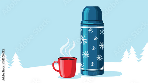 Blue thermos decorated with white snowflakes sitting in a snowy landscape next to a red mug filled with a hot steaming beverage.