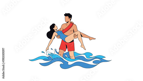 Brave male lifeguard carrying a rescued woman in his arms while walking through the blue splashing waves of the ocean.