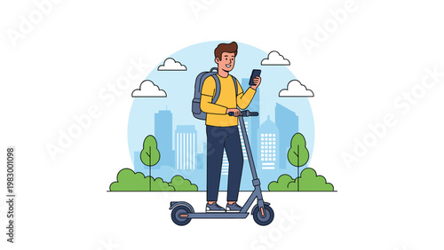 Smiling young man with a backpack riding an electric kick scooter through a city park with buildings and trees in the background.