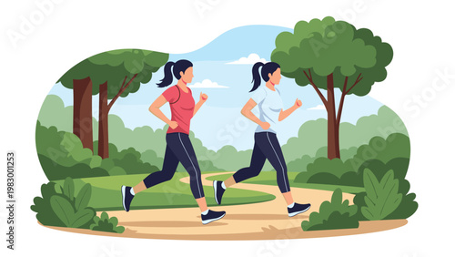 Two athletic women in red and white shirts jogging together along a winding path in a green forest or city park.