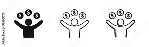 Financial success icon set, man with dollar coins, wealth and prosperity symbols in solid, line, and doodle styles