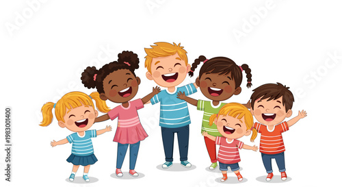 A diverse group of happy, smiling children of various ethnicities and genders, arms around each other in a circle, celebrating friendship and unity.
