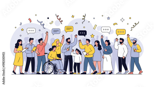 Large group of diverse people including a woman in a wheelchair stand together with speech bubbles and confetti during a festive celebration.