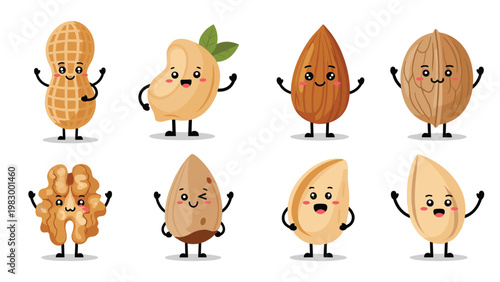 Collection of cute cartoon nut and seed characters with happy faces including peanuts, almonds, walnuts, and cashews waving their hands.