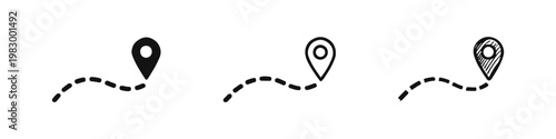 Map route icon set, destination pin and dashed line path, navigation symbols in solid, outline, and sketch styles