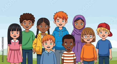 A diverse group of nine happy children, boys and girls of various ethnicities and ages, standing together outdoors in a field.