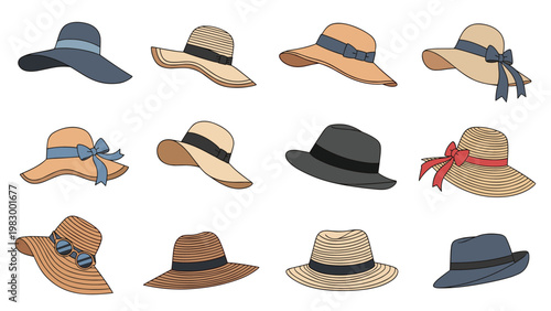 Fashionable set of different styles of women hats including sun hats, fedoras, and straw hats decorated with ribbons and bows.