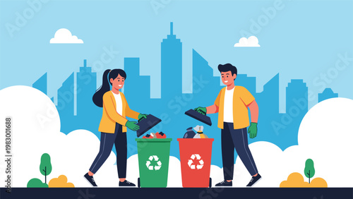 Environmentally conscious man and woman sorting household waste into green and red recycling bins with a city skyline backdrop.