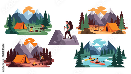 Series of colorful illustrations showing outdoor activities like camping with tents, hiking on mountains, and kayaking in a river.