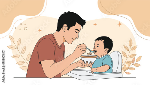 Caring young father patiently feeds his baby sitting in a white high chair using a spoon and a bowl of healthy food.