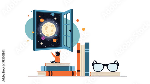 Small child sits on a stack of giant books looking through an open window at a magnificent view of the starry space and moon.