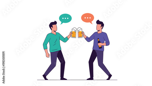 Two happy men clinking their glasses of beer together while talking, represented with colorful speech bubbles in a celebration.