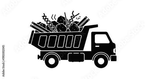 Black Silhouette of a Dump Truck Loaded with Debris.