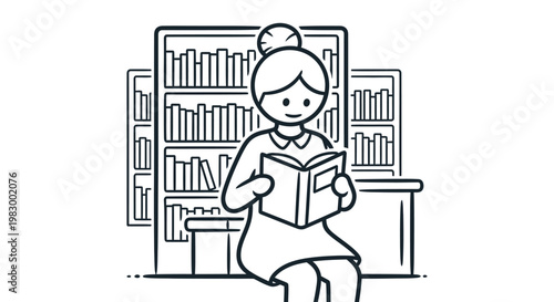 A woman engrossed in reading a book in a library setting.