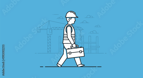 Construction worker walking with briefcase and hard hat.