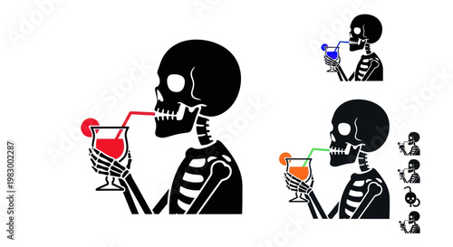 Skeleton drinking cocktail, Halloween party, spooky fun, isolated on white