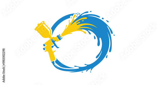 Yellow Spray Gun Creates Blue and Yellow Paint Splatter Splash Circle