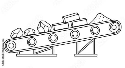 Industrial conveyor belt transporting raw materials and processed goods.