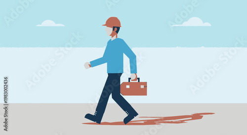 Man in hard hat walking with briefcase.