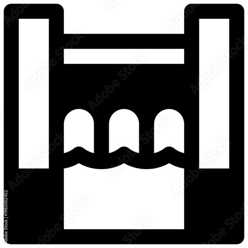 Hydropower dam. Outlined stroke vector icon with black-filled details.