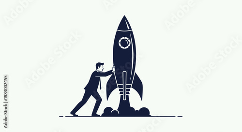 Man in Suit Pushing a Rocket Ship Upwards.