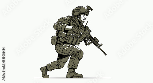 Modern Soldier in Combat Gear Advancing with Rifle.