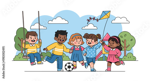 Diverse group of happy children playing together in a park with a swing, soccer ball, and kite under a blue sky.